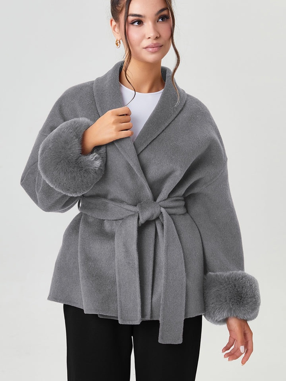 KATCH ME Waist Tie Fuzzy Cuff Wrap Coat Wool Blend